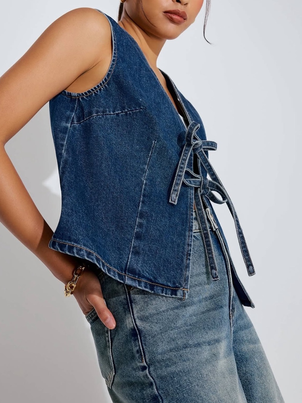 Denim Tie-Front Vest Top Western Boho Cottagecore Equestrian Bows Women’s Large